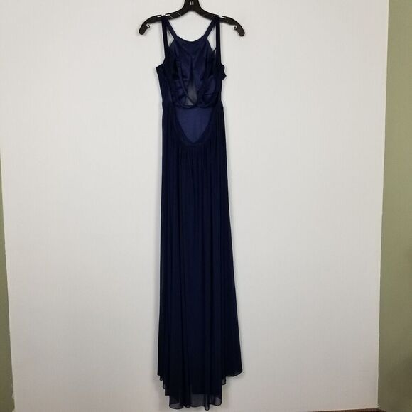 La Femme Women Keyhole Elegant Formal Gown Sz 4 Navy Chiffon Open Back Event - Picture 5 of 8
